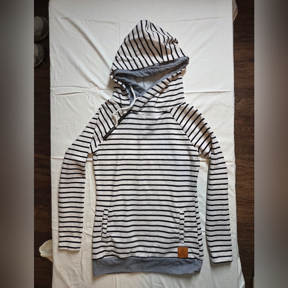 Striped Hoodie with Asymmetrical Neckline